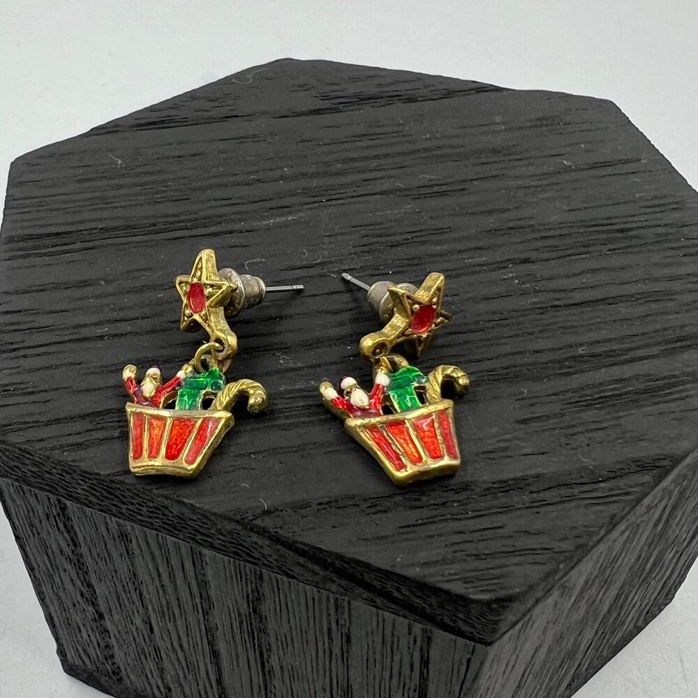 Vintage Set Christmas Santa Claus Star Gold Tone Earrings Dangle Pierced